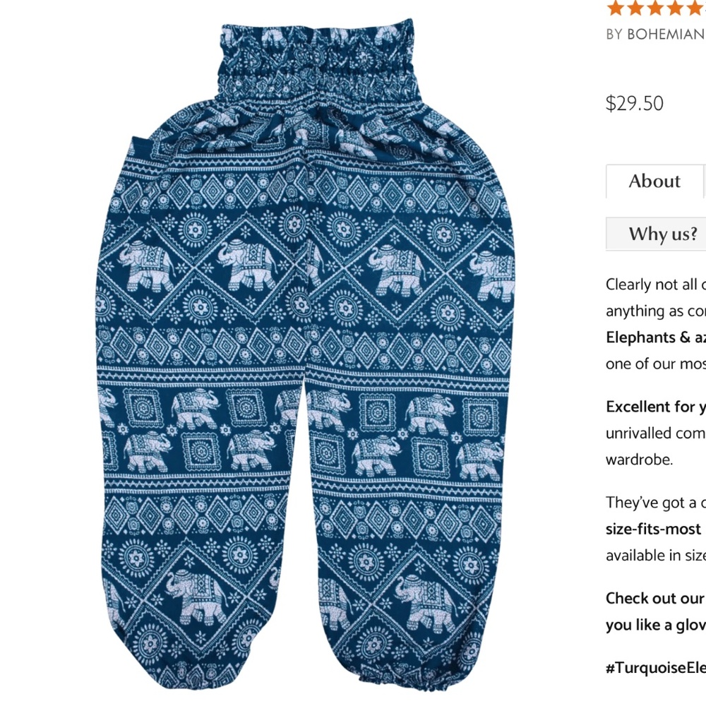 Bohemian Island Harem Pants - Turquoise Elephant